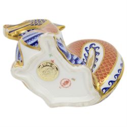 Two Royal Crown Derby paperweights, comprising Crocodile, with gold stopper and original box and Imari Dragon with gold stopper  