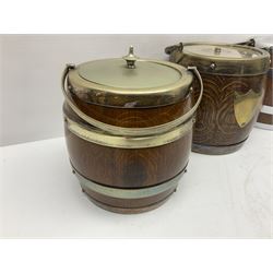 Five early 20th century biscuit barrels with silver-plated mounts