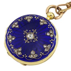 19th century French 18ct gold full hunter key wound cylinder ladies fob watch, the inner dust cover engraved 'Chs Oudin Bte Palais Royal 52 No. 16239..', white enamel dial with Roman numerals, guilloche blue enamel and diamond outer case, eagle hallmark, with gold split seed pearl bow brooch