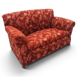 Edwardian hardwood framed petite two seat settee with single drop-arm, traditional shape w...