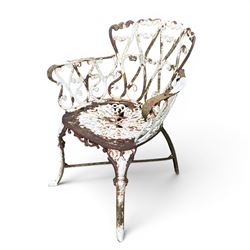 Pair of late 19th century painted cast iron garden chairs, open scroll and heart backs, ornate circular seat, raised on cabriole legs with X stretcher