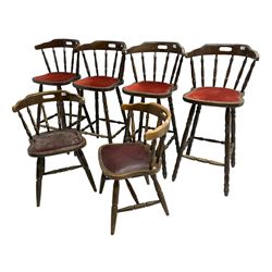 Set of four stained beech bar stools, on turned supports with upholstered seats (H108cm); together with a pair of beech framed chairs with upholstered seats (W55cm) (6)