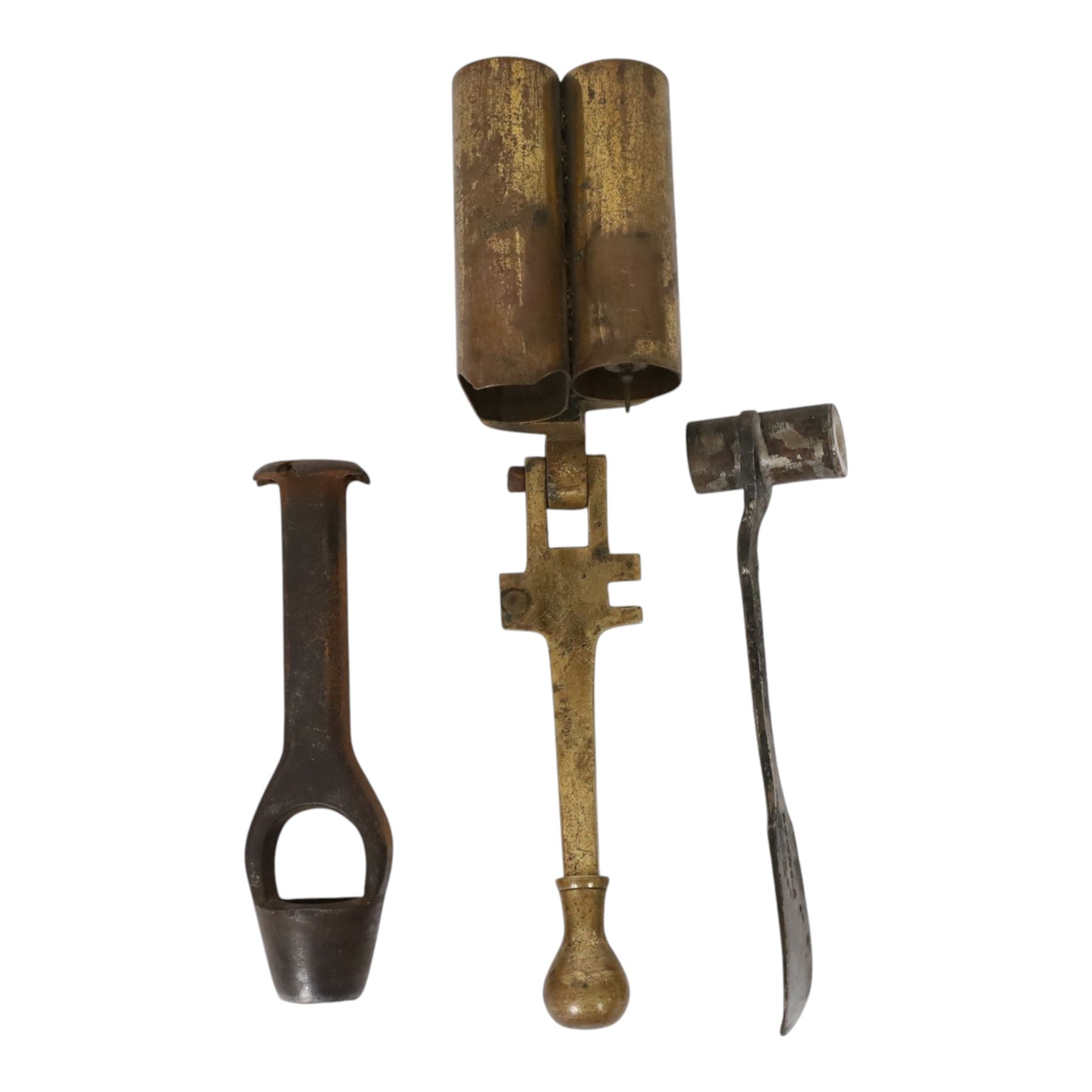 12-bore brass cartridge reloading tool, together with  12-bore turnover tool, copper powder flask etc 