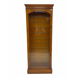 Georgian design yew wood narrow display cabinet, fitted with single bevelled glass door, illuminated interior