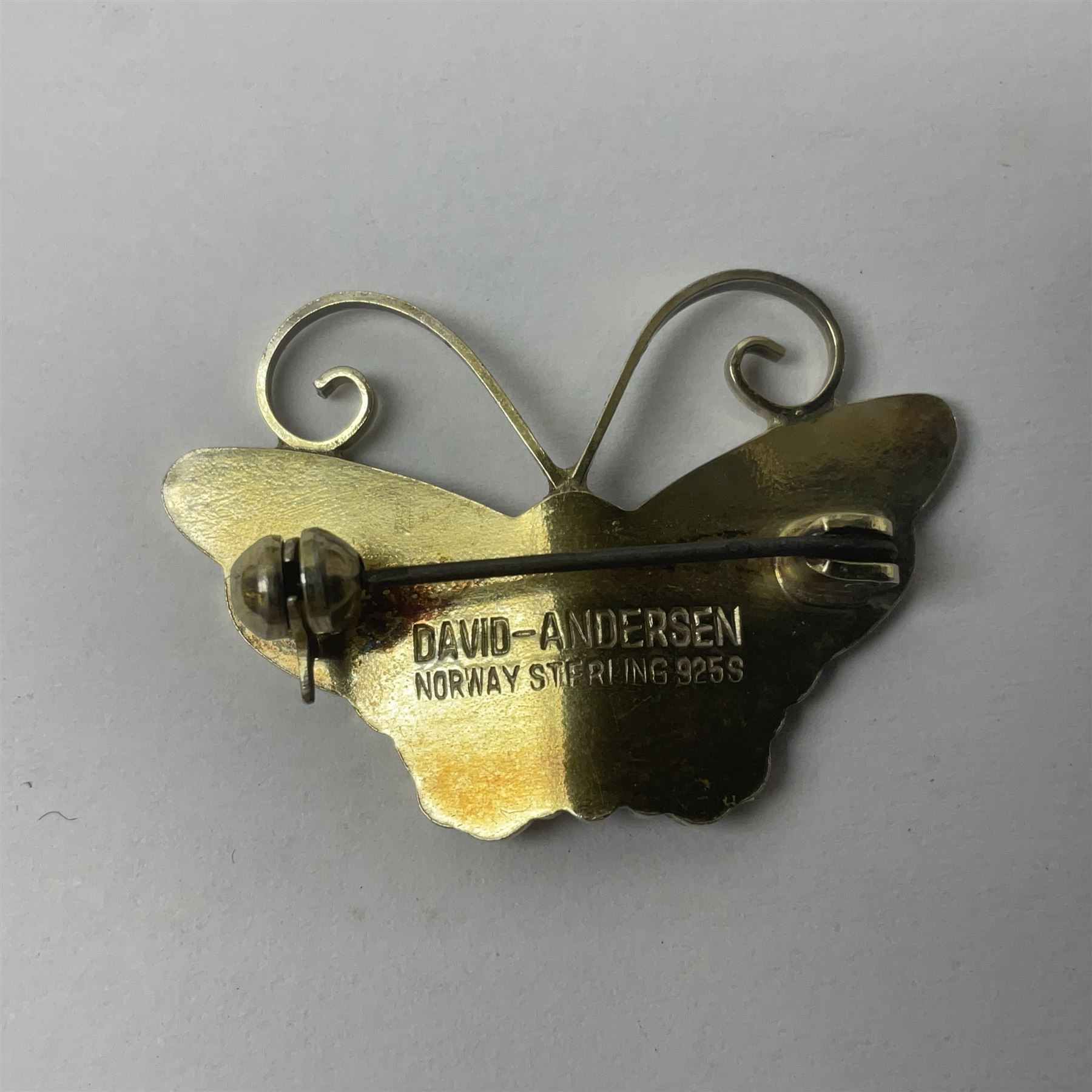 Norwegian silver blue guilloche enamel butterfly brooch, by David Andersen, stamped David Andersen Sterling Norway 925S, H2.3cm