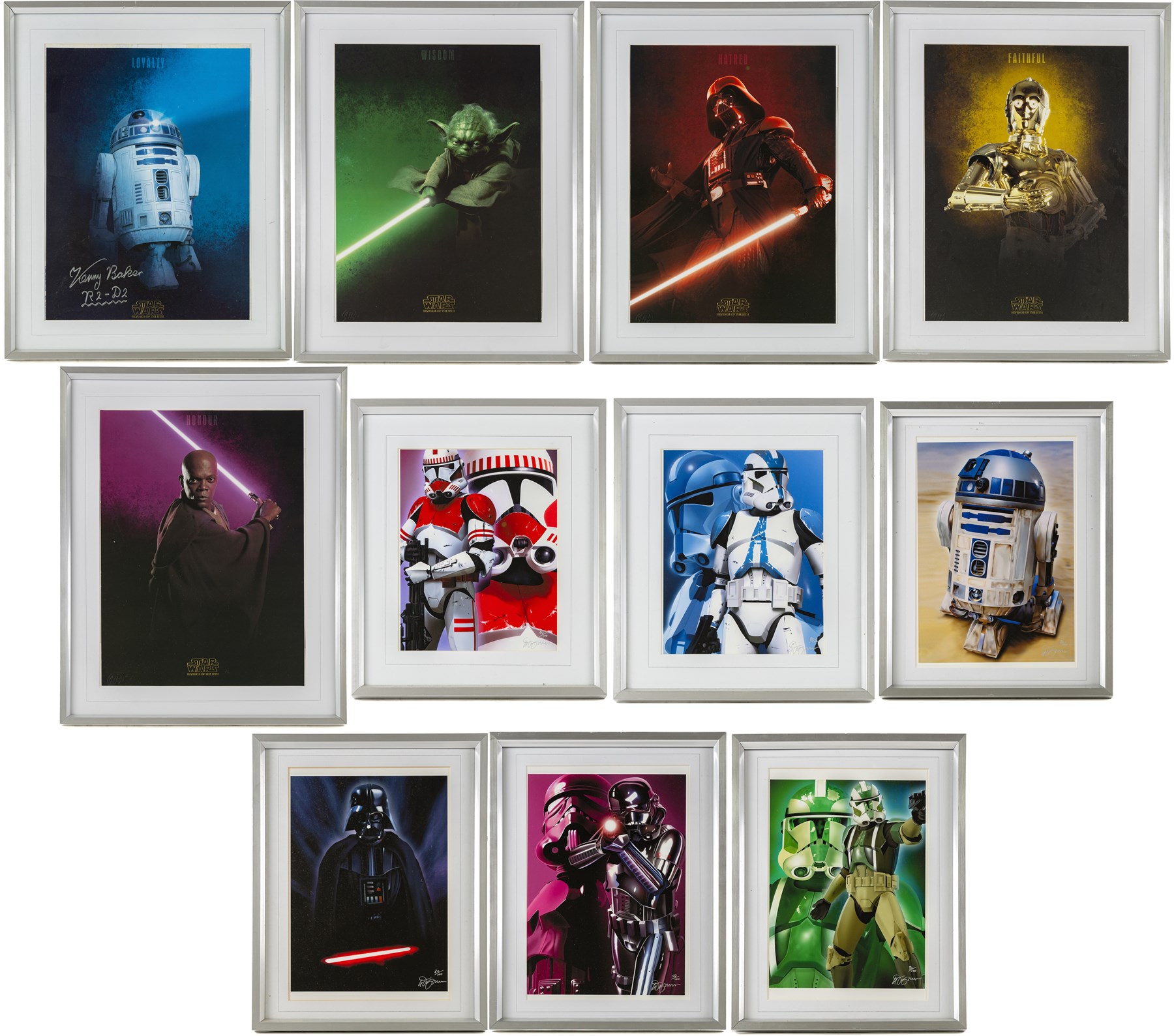 Five framed Cards Inc Star Wars Revenge of the Sith prints, comprising Mace Windu, Yoda, C-3PO, Darth Vader and R2-D2, the R2-D2 example signed by actor Kenny Baker, together with a collection of six smaller limited edition Star Wars art prints, largest H39cm (11)