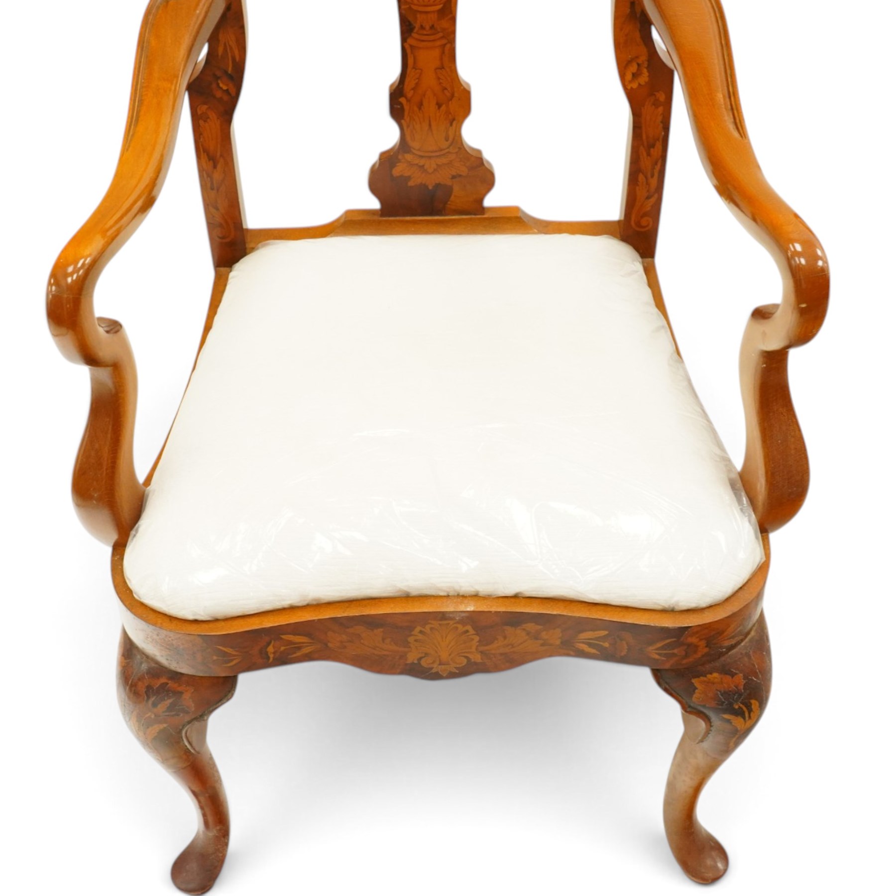 Set of eight (6+2) Dutch design walnut and floral marquetry dining chairs, the high backs with shaped cresting rail over a vasiform splat inlaid with Neoclassical urns and bouquets of foliage and bellflowers, ivory upholstered drop-in seat over scallop shell inlaid apron and cabriole supports with pad feet