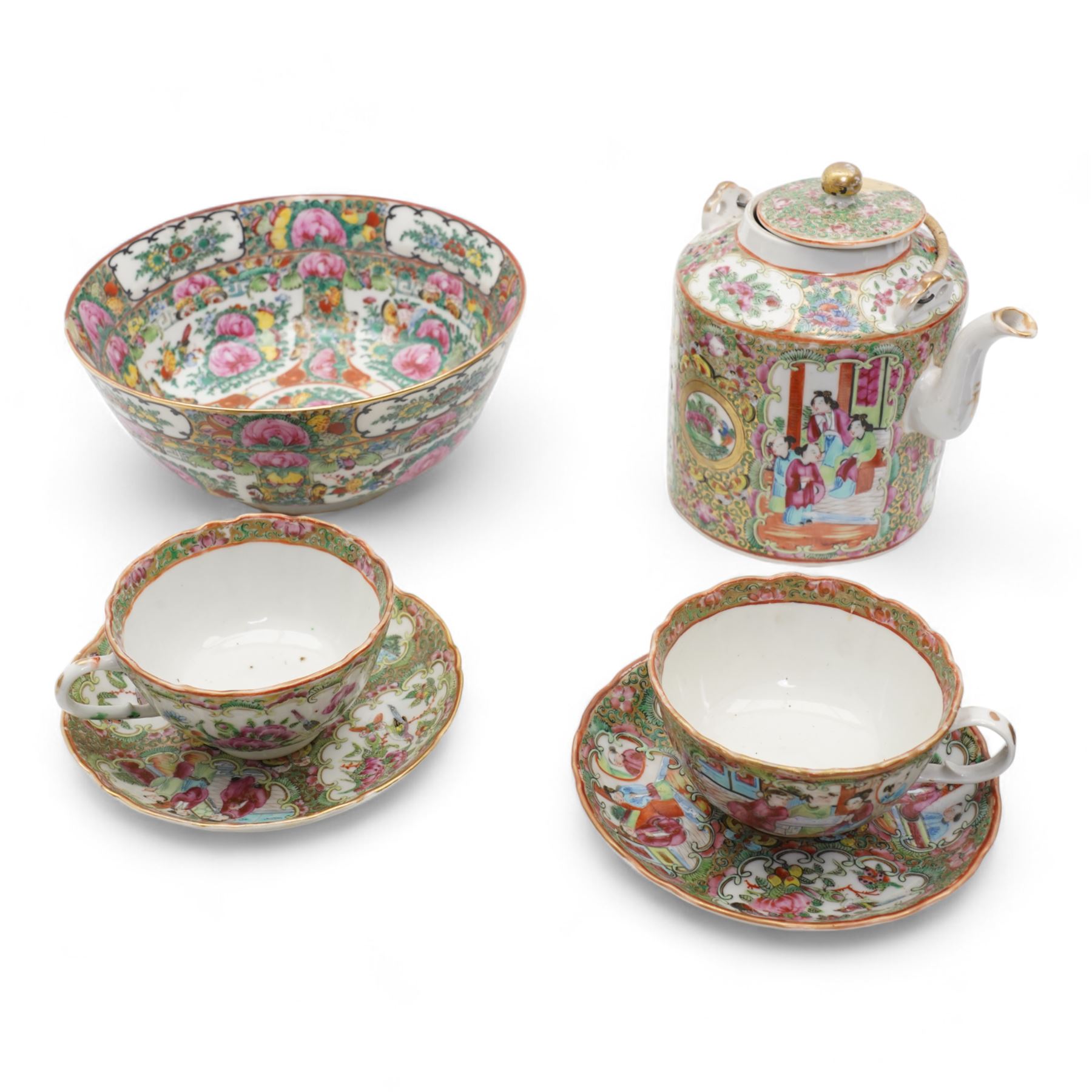 19th/ early 20th century Chinese Canton famille rose porcelain teapot with swing handle, pair of teacups and saucers, and later bowl (6)
