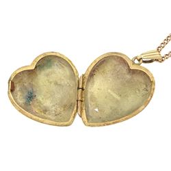 9ct gold foliate engraved heart locket pendant, hallmarked, on 9ct gold chain necklace