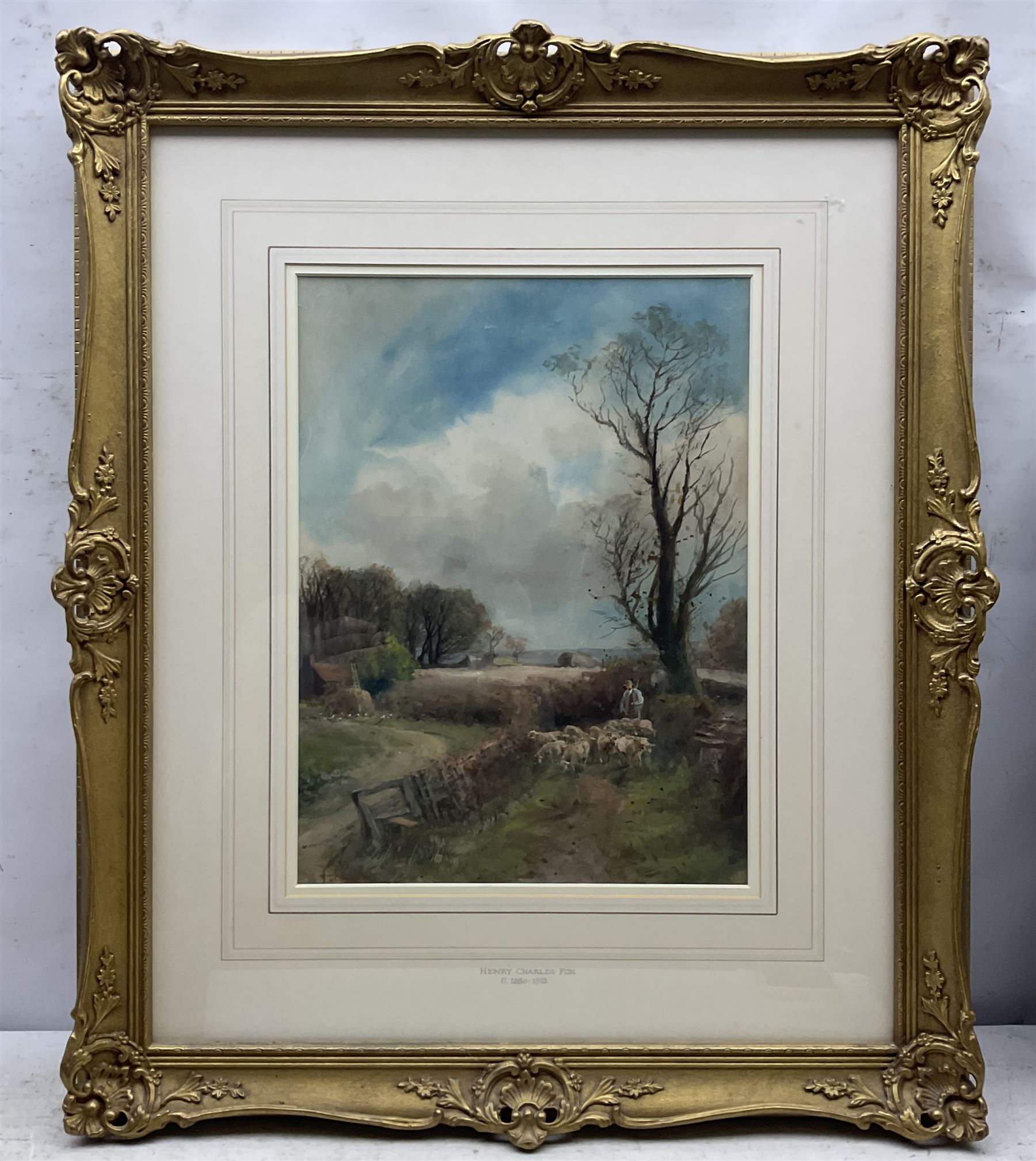 Henry Charles Fox RBA (British 1855-1929): Shepherd and his Flock, watercolour unsigned, attributed on mount 36cm x 27cm 