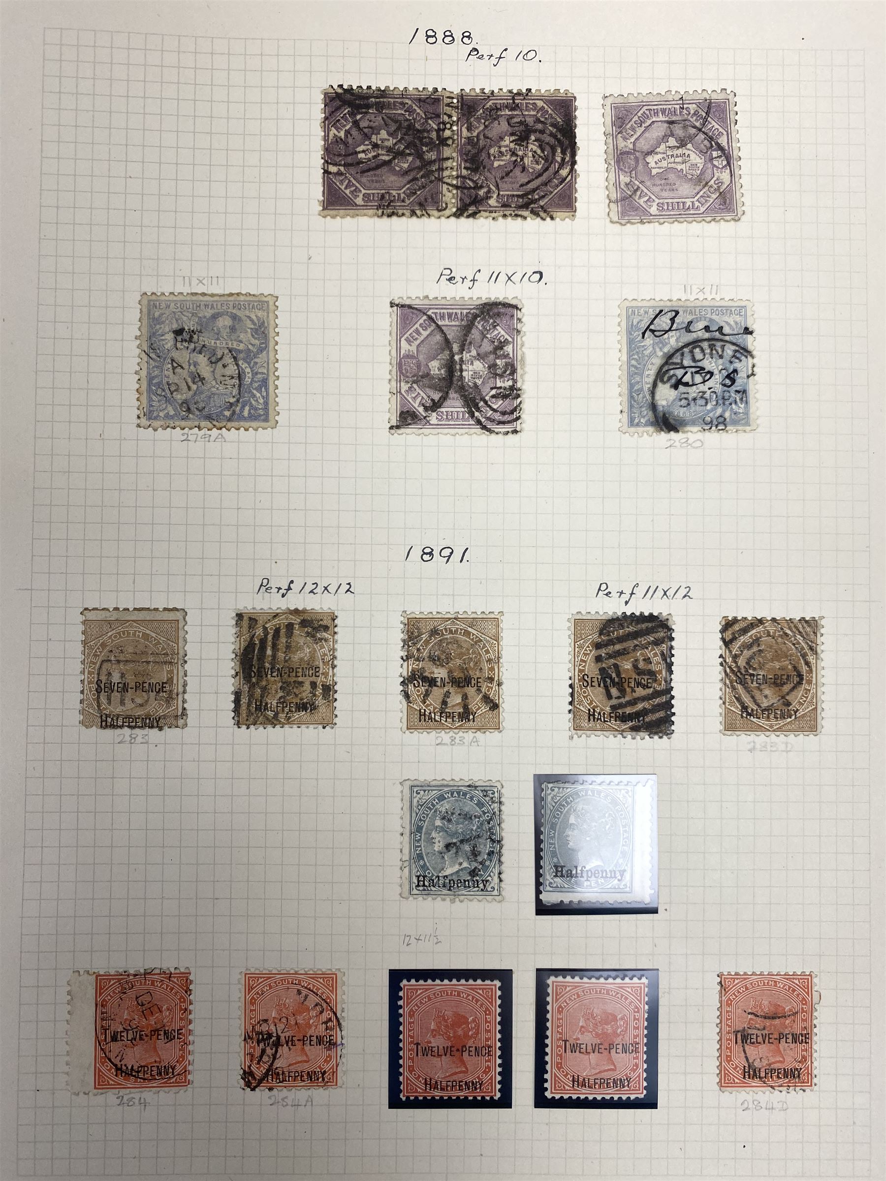 Australia New South Wales stamps, including 1850-4 various imperf issues, 1854-6 including five pence, six pence, one shilling etc, 1856-60 registered letter stamps, 1861-88 five shillings etc, housed on pages