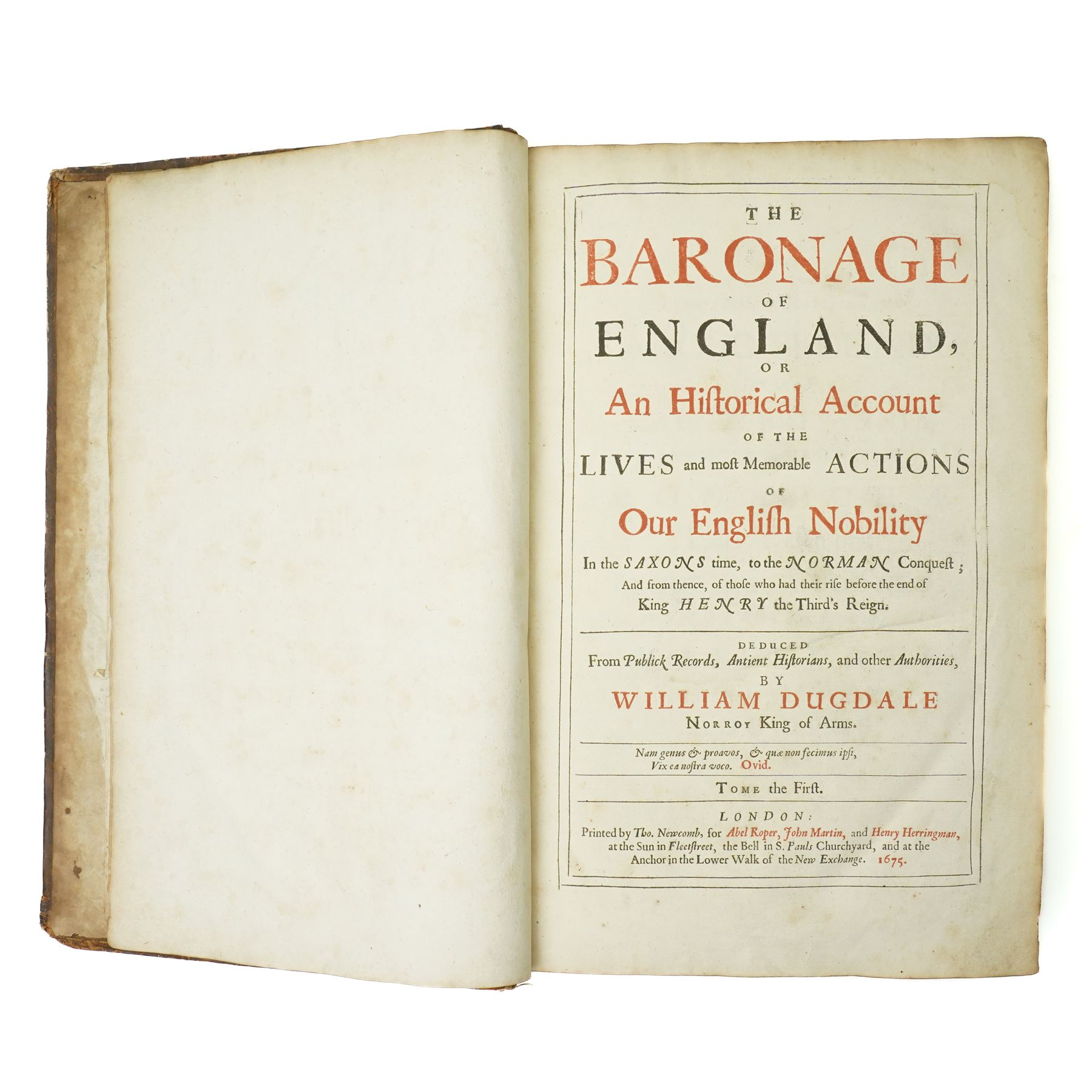 Dugdale, William - 'The Baronage of England'  1675 printed by Tho. Newcomb for Abel Roper et al in full calf, folio