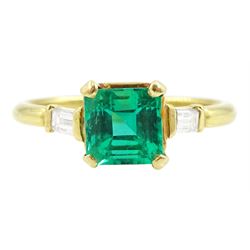 18ct gold three stone square cut emerald and baguette cut diamond ring, hallmarked, emerald approx 1.35 carat