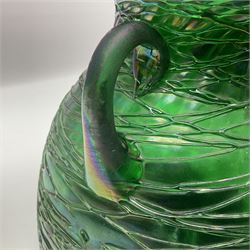 20th century Loetz style twin handled vase, of shouldered bulbous form with fluted rim and applied lattice work upon an iridescent green ground, with maker's mark beneath, H18.5cm