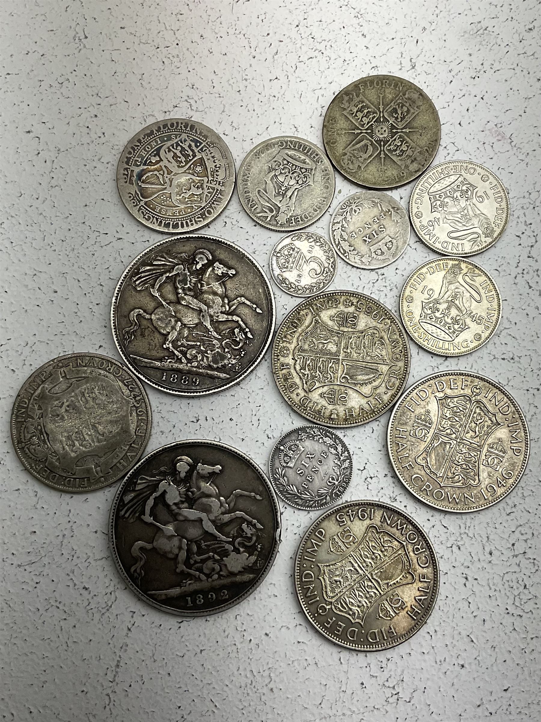 Two Queen Victoria silver crown coins dated 1889 and 1892, 1895 sixpence and small number of other pre 1920 coins and approximately 80 grams of Great British pre 1947 silver coins
