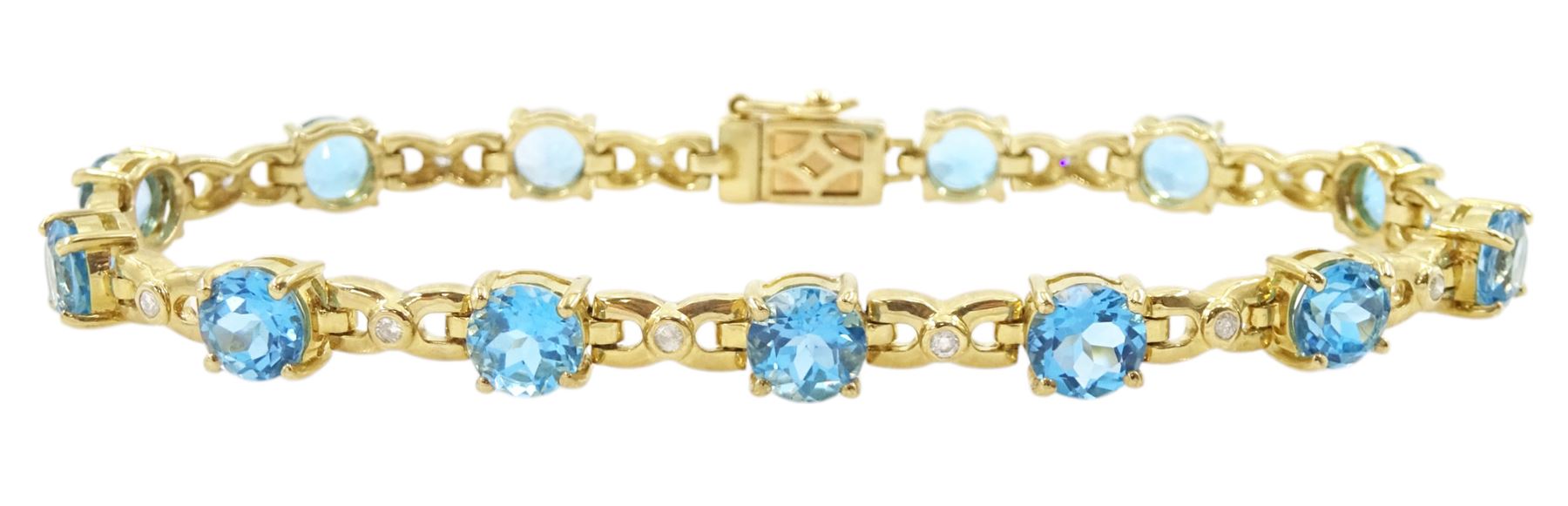 9ct gold round cut blue topaz and diamond bracelet, hallmarked