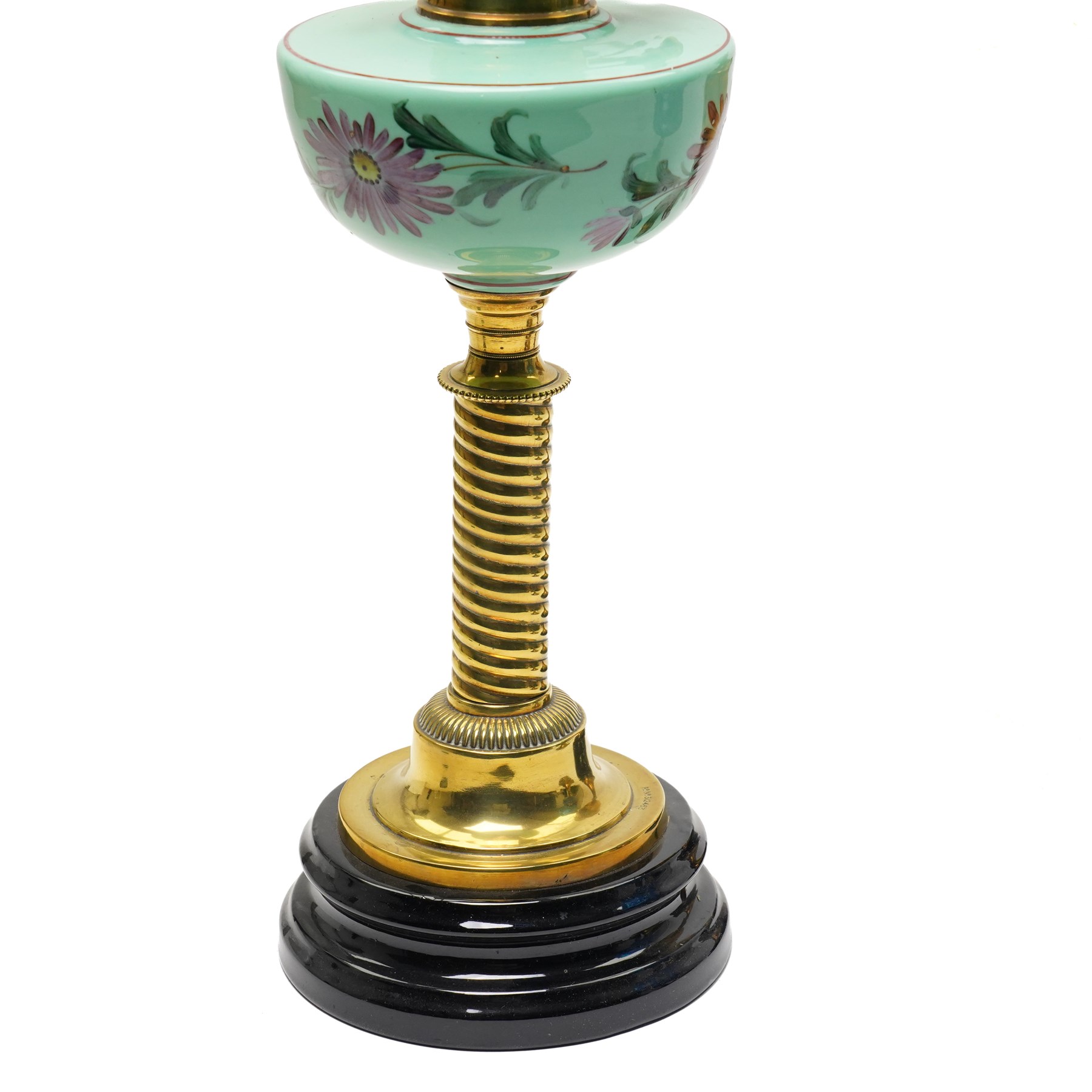Victorian brass table oil lamp with painted green glass reservoir, another with blue glass reservoir and one other lamp (3)
