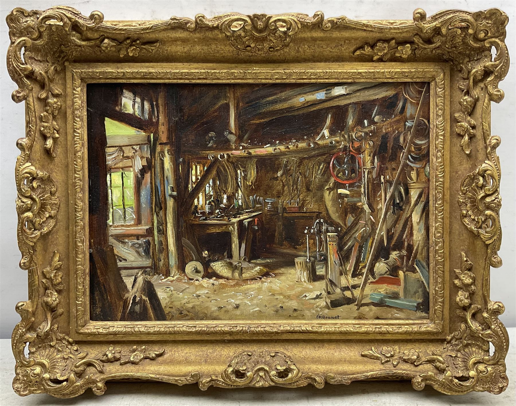 Frank Moss Bennett (British 1874-1953): 'The Wheelwright's - Winterborne Stickland Dorset', oil on canvas board signed, titled verso 24cm x 34cm