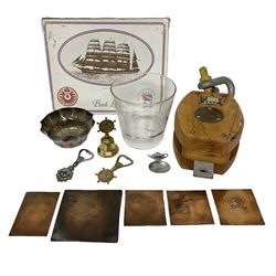 Collection of Maritime interest items, to include wooden block with swivel eye pulley, four copper plates with shipping company logos impressed, Winson Line wine cooler, Canadian North Steamships bonbon bowl, etc 