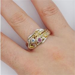 Silver and 14ct gold wire blue and pink topaz ring, stamped 925