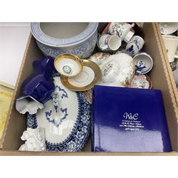 Sadler Celery face pot, Noritake planter, Ringtons blue and white jar, Royal commemorative ware, and a collection of other ceramics, in two boxes 