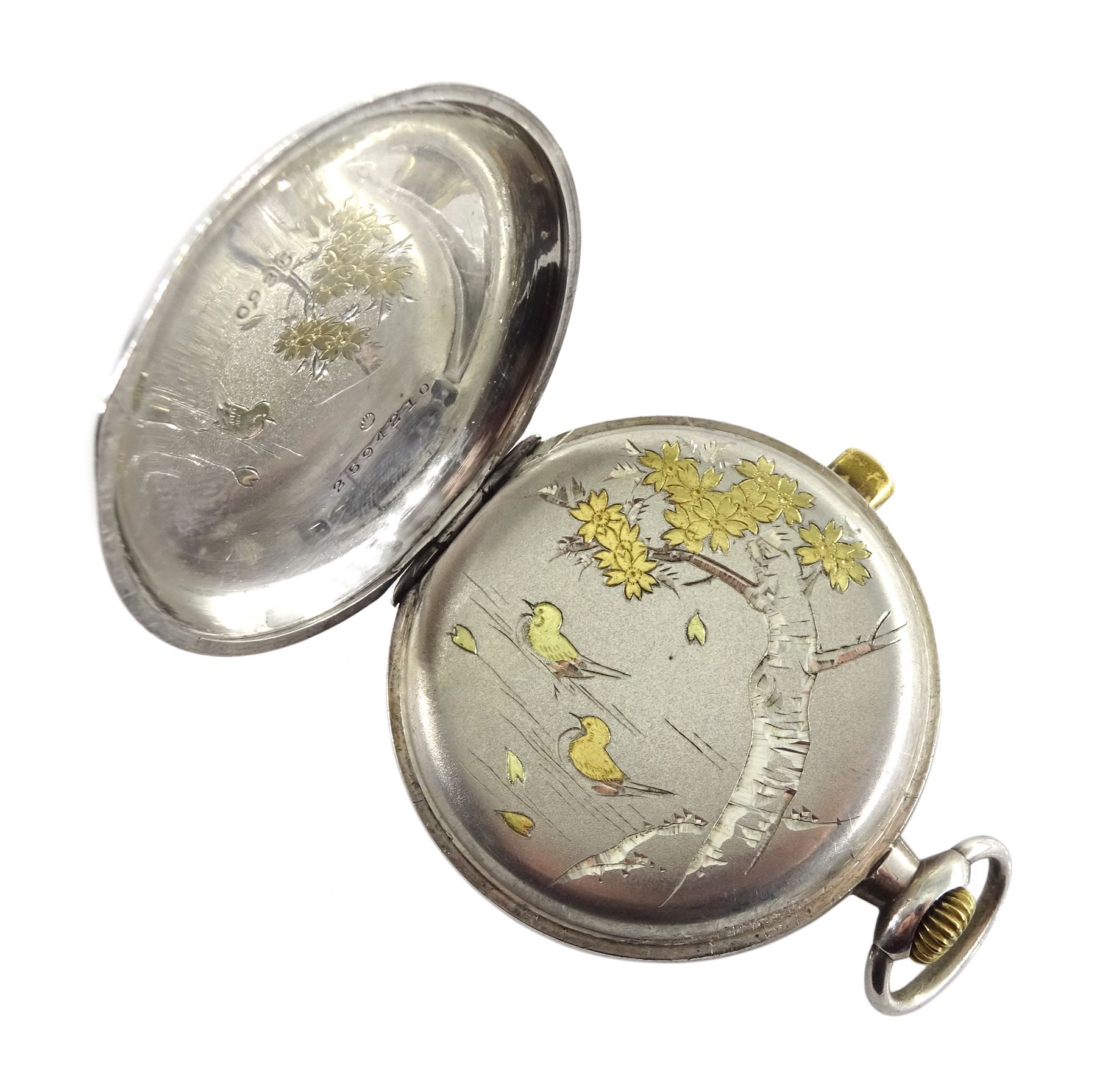 Late 19th century continental silver open face keyless minute repeating pocket watch, plunge repeat to the side, the case stamped 0.935, numbered 2594210 and impressed with a makers mark of an open hand, the inner dust cover with applied gold work depicting birds swimming along a river bank under a tree