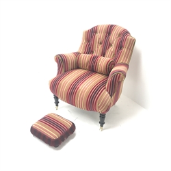 Victorian style armchair upholstered in deep buttoned striped material, scrolled arms, turned supports (W83cm) with matching footstool (2)   