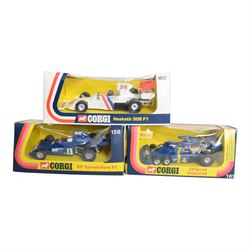 Eleven Corgi diecast Formula 1 models, comprising 152 Ferrari 312 B2, 161 Elf Tyrell Project 34, 158 Ef Tyrell Ford, 151 Whizzwheels Yardley McLaren M19A, 154 John Player Special Lotus, 156 Graham Hill's Embassy Shadow, 153 Whizzwheels TS9B Team Surtees, 155 UOP Shadow, 159 Patrick Eagle Indianapolis, 160 Hesketh 308 and 150 Whizzwheels Surtees TS9