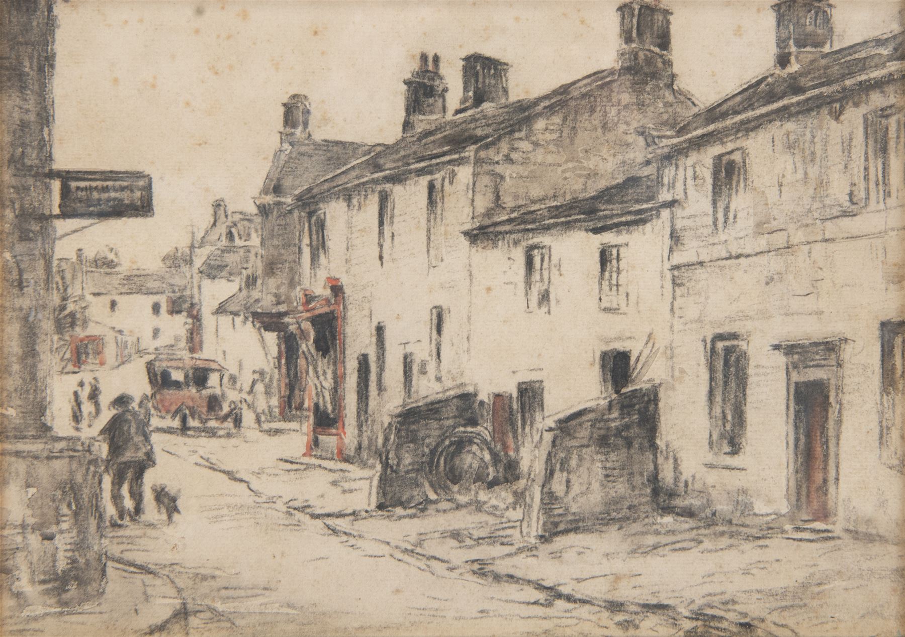 Frederick (Fred) Lawson (British 1888-1968): Grassington High Street, charcoal with colour wash highlights unsigned 21cm x 30cm