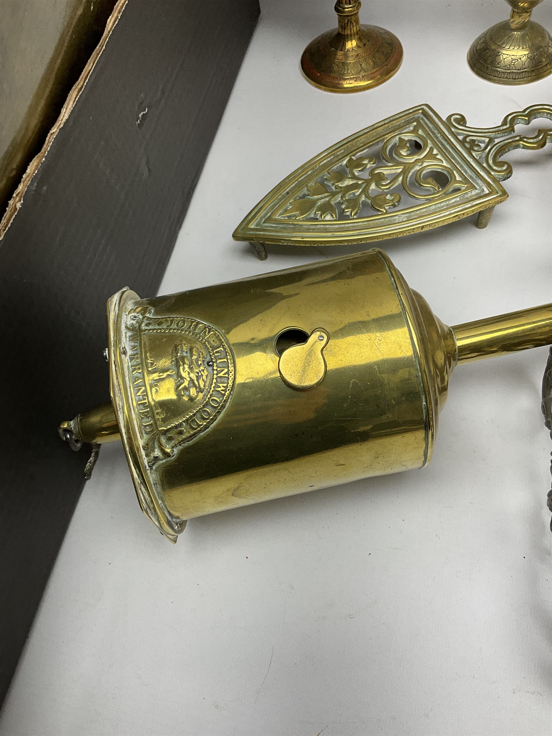 Quantity of brass to include Victorian roasting bottle jack by John Linwood, pair of candlesticks and further miniature candlesticks, rectangular tray, vases etc in two boxes