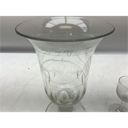 19th century celery vase with flared rim and etched and sliced decoration, H23cm, together with Edwardian drinking glasses etc