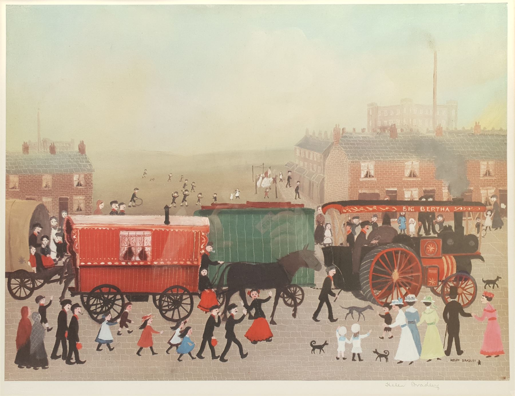 Helen Layfield Bradley (British 1900-1979): 'Big Bertha Comes to Lees', limited edition colour print signed in pencil 45cm x 60cm