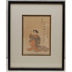 Japanese Kano School (19th century): An ancient Chinese witch flying on the back of the 'Ho' a lucky bird and Deities floating on clouds, pair watercolours indistinctly signed, inscribed verso together with early 20th century Japanese woodblock print of a girl max 24cm x 36cm (3)