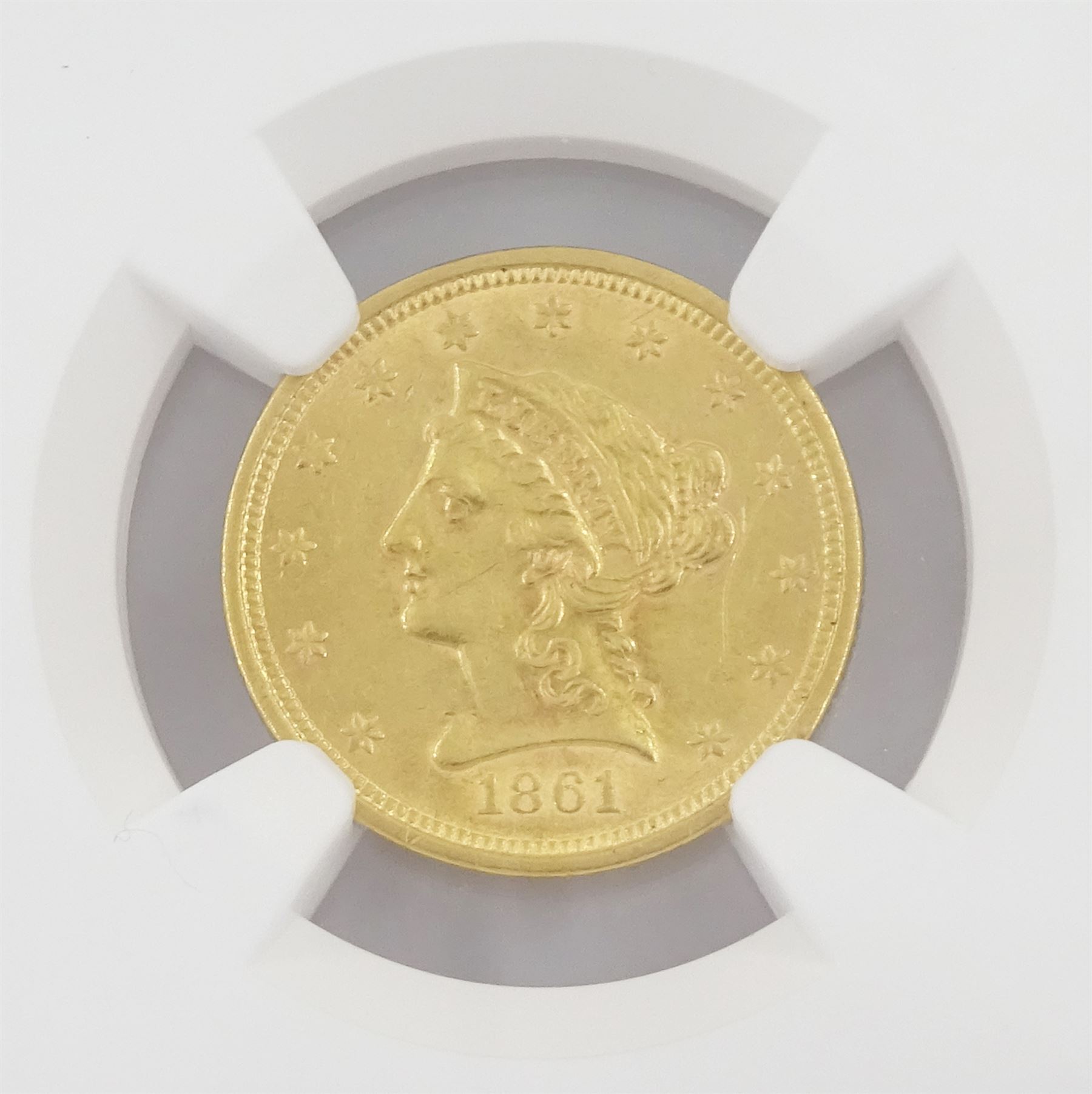 United States of America 1861 Liberty head type 2 gold two and a half dollar coin, encapsulated and graded AU58 by NGC