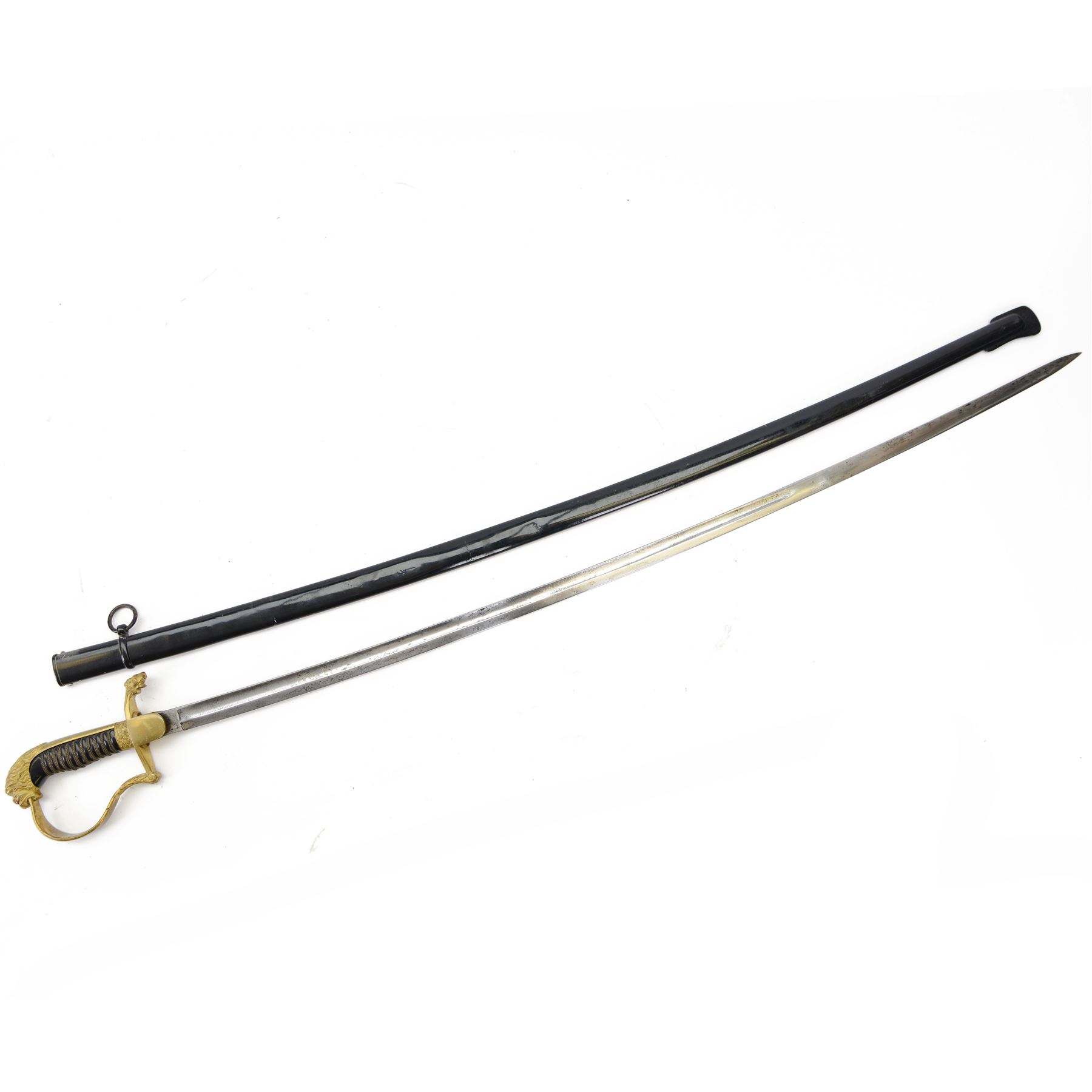 Dutch infantry officer sword with wire bound grip lion pommel and single bar hilt, single edged fullered blade marked 'Yzerhouwer', in black metal scabbard, blade L96cm, overall L110cm