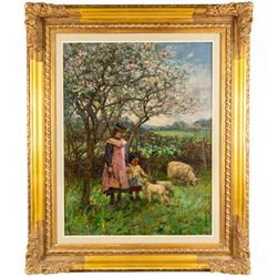 Ernest Higgins Rigg (Staithes Group 1868-1947): The Artist's Daughters Petting Spring Lambs, oil on canvas signed 71cm x 54cm