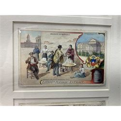 Six original illustrations for Liebig cards, mounted within a gilt frame, frame 71cm, W27cm