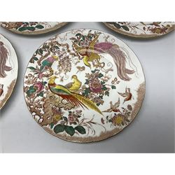 Five early 20th century Royal Crown Derby Olde Avesbury pattern dinner plates, decorated with oriental pheasants, butterflies and other birds amongst flowering branches, with impressed and printed marks to reverse, D26.5cm