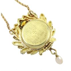  Igor Carl Faberge for Franklin Mint 14ct gold peacock watch pendant necklace, the peacock wings diamond, enamel and sapphire set, with a single suspended pearl, the back with hidden quartz watch, boxed