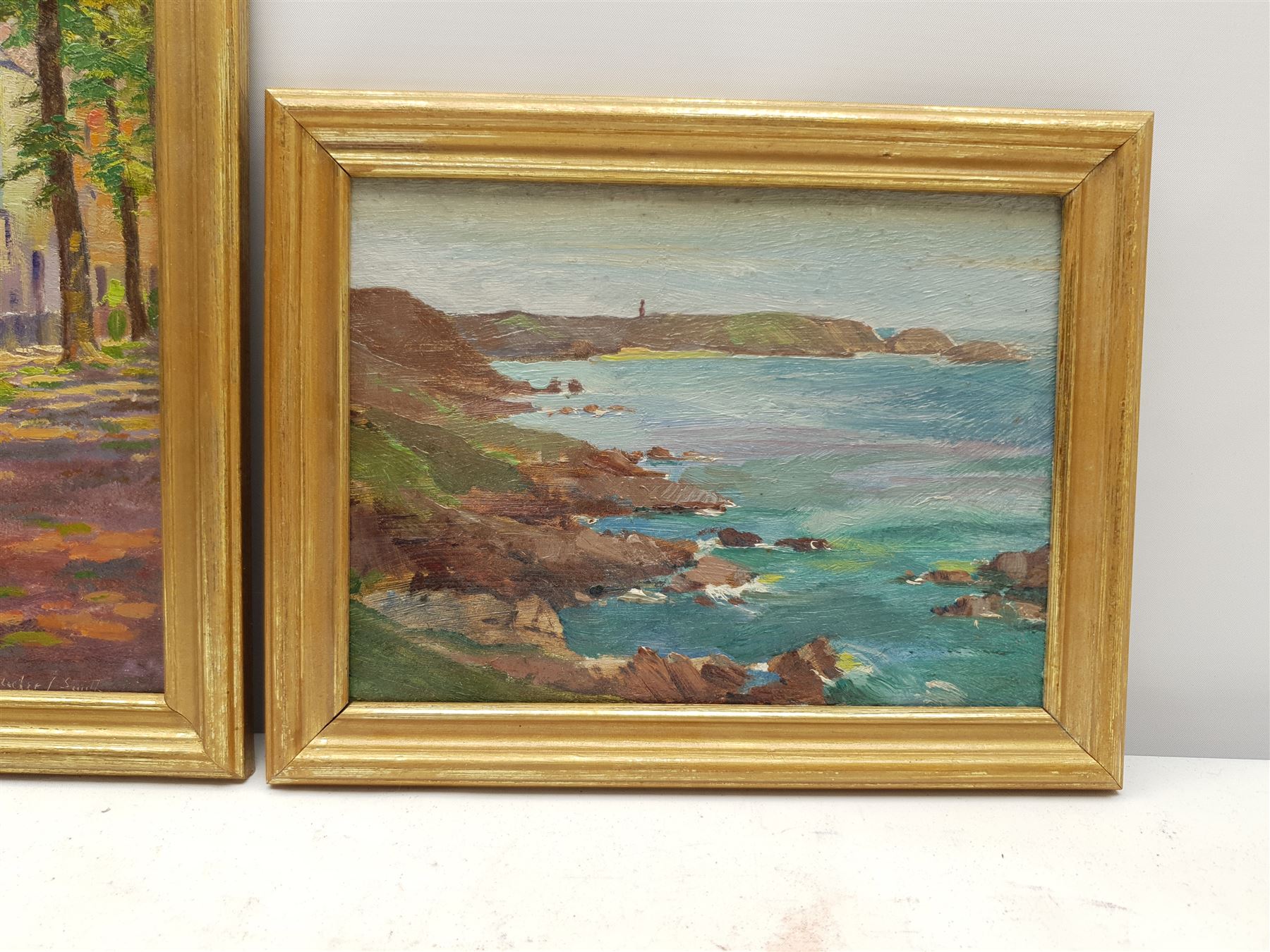 Harry Edmunds Crute (British 1888-1975): Cornish Beach Scene, oil on board signed 15cm x 19cm, together with two similar oils one signed Smith, inscribed verso 14cm x 19cm (3)