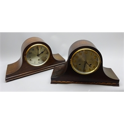  20th century mantel clock in domed oak case, silvered Arabic dial and twin train movement chiming the quarter hours on rods, H23 cm and another striking the half hours on a coil, H24cm (2)    