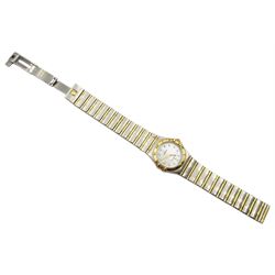 Omega constellation ladies gold and stainless steel quartz bracelet wristwatch, serial No. 57840568, mother of pearl and diamond dot dial boxed