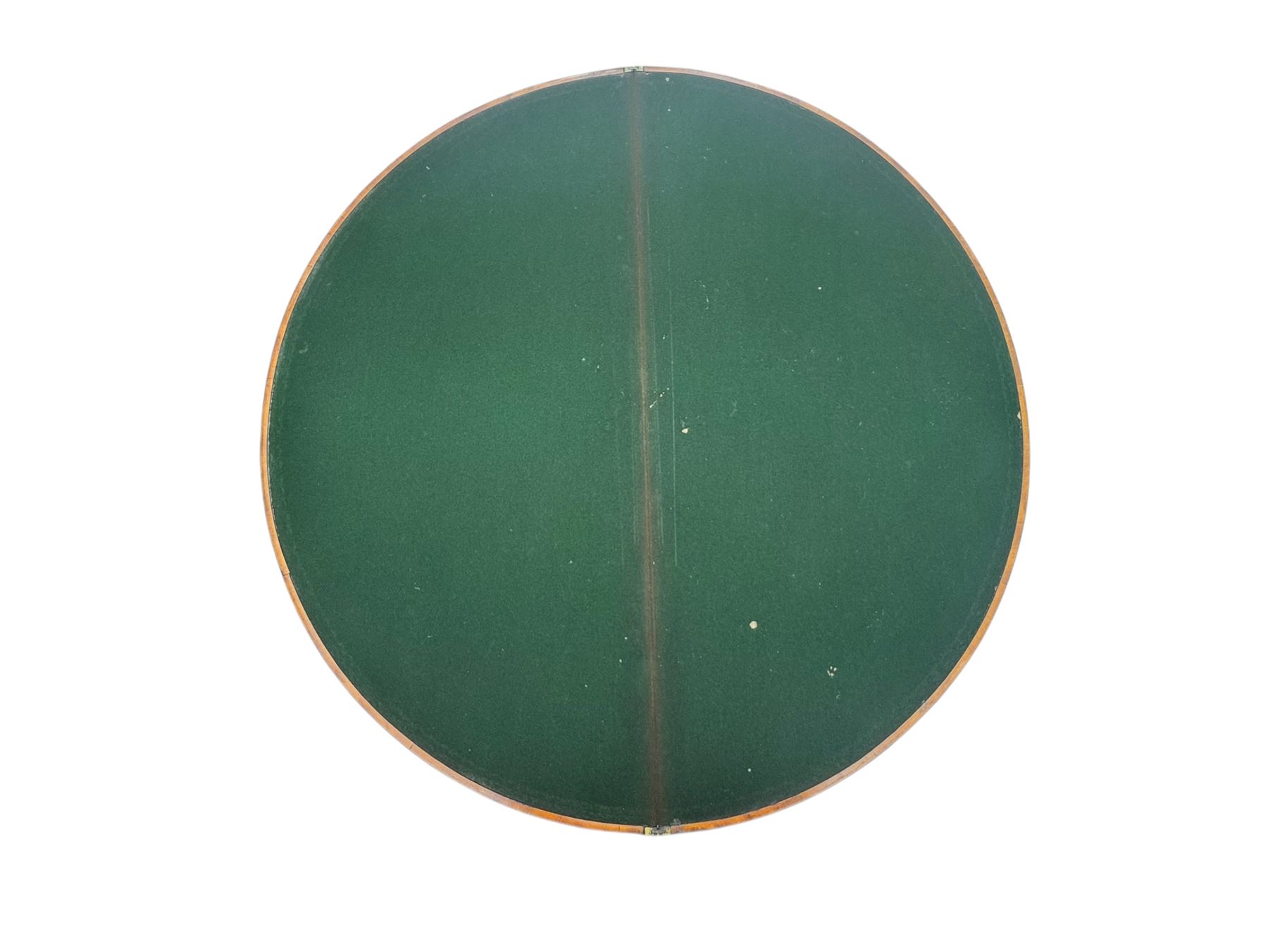 Edwardian satinwood inlaid demi-lune card table, hinged fold over green baize lined interior, raised on square tapered supports with spade feet  