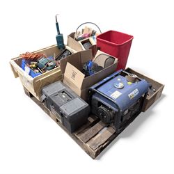 Collection of workshop power tools including power craft generator, drills, circular saw, vice etc