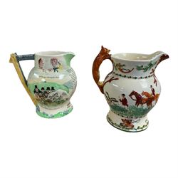 Two Crown Devon musical jugs, one depicting hunting scenes the other Widdicone Fair, together with Doulton of Lambeth of Slaters Patent Jardinière