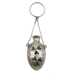 Edwardian silver scent bottle, heart shaped agate decoration, with finger chain, Birmingham 1901