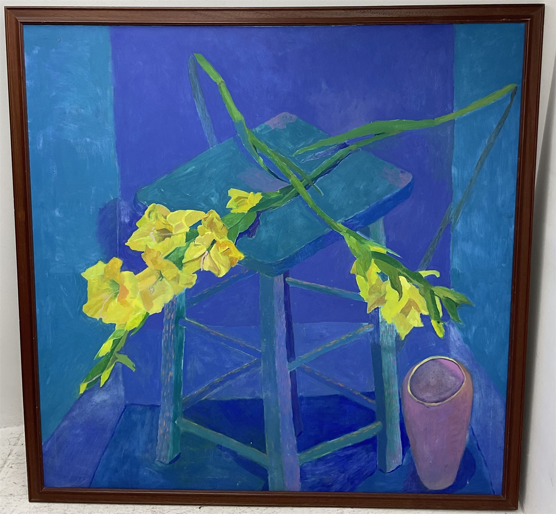 Catherine Ann Merkin (British 1969-): Yellow Flowers on a Stool, oil on canvas, signed and dated 1991 verso 152cm x 152cm