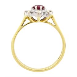 Gold ruby and diamond cluster ring, round cut ruby of approx 0.25 carat, surrounded by eight round brilliant cut diamonds, stamped 18ct, total diamond weight approx 0.40 carat