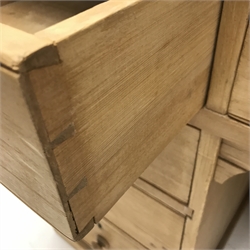 Victorian pine desk raised shaped back, nine drawers, platform base, W118cm, H83cm, D49cm