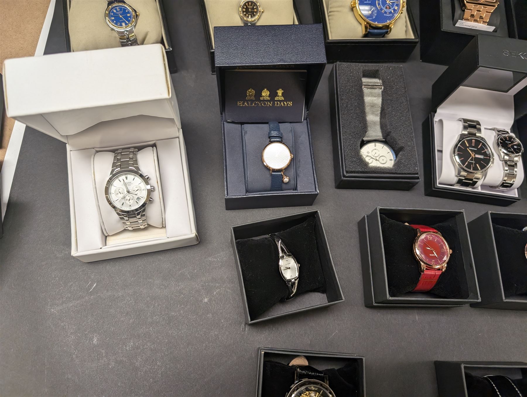 Collection of wristwatches including Accurist chronograph, Gamages automatic, six Krug-Baumen diamond, Minster, Halcyon Days, Seconda, Lorus etc